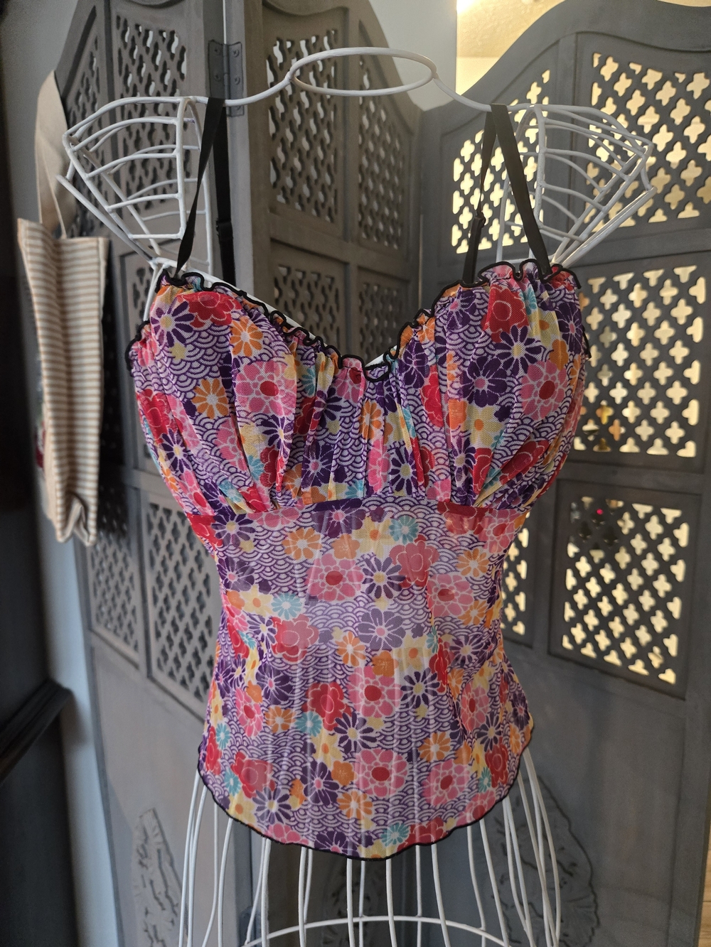 Fredricks Of Hollywood Purple Floral Bustier Camisole with Black Straps
